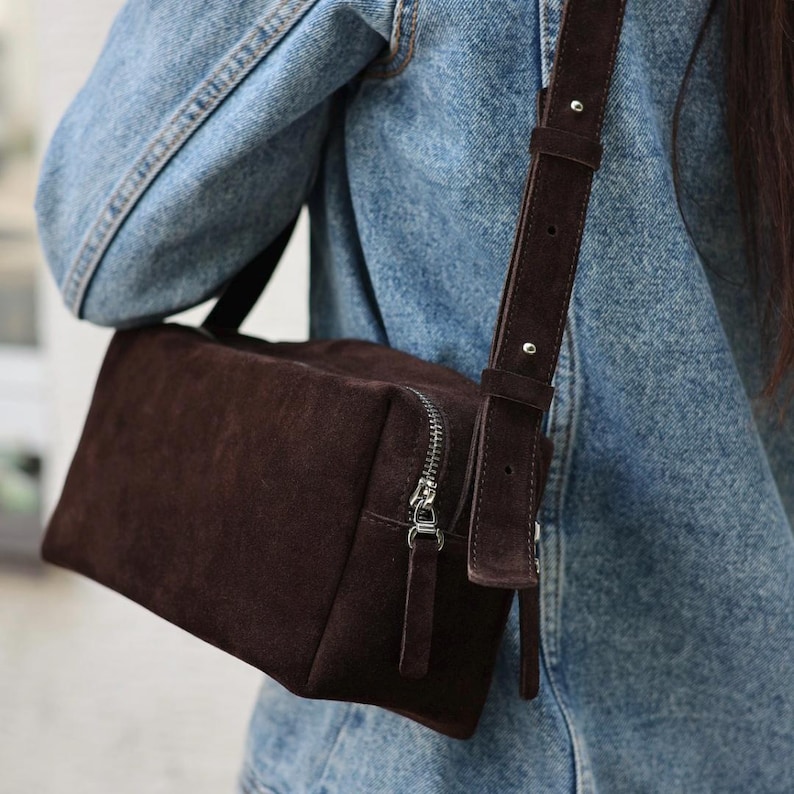 Chocolate Suede Shoulder Bag, Mini Suede Hobo Bag, Brown Underarm Purse, Premium Suede Handbag for Women, Small Slouchy Tote Bag with Zip image 2