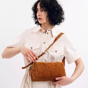 Chocolate Suede Shoulder Bag, Mini Suede Hobo Bag, Brown Underarm Purse, Premium Suede Handbag for Women, Small Slouchy Tote Bag with Zip image 14