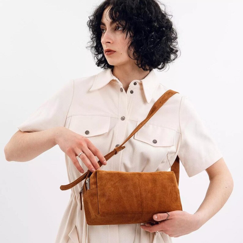 Chocolate Suede Shoulder Bag, Mini Suede Hobo Bag, Brown Underarm Purse, Premium Suede Handbag for Women, Small Slouchy Tote Bag with Zip image 14