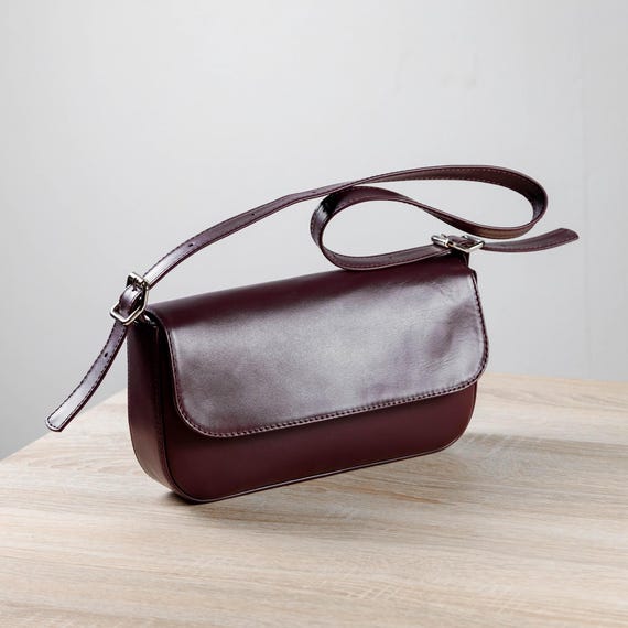 Burgundy Leather Shoulder Bag, Baguette Handbag, Pouchette Bag, Small Clutch Purse, Formal Top Handle Bag, Underarm Bag