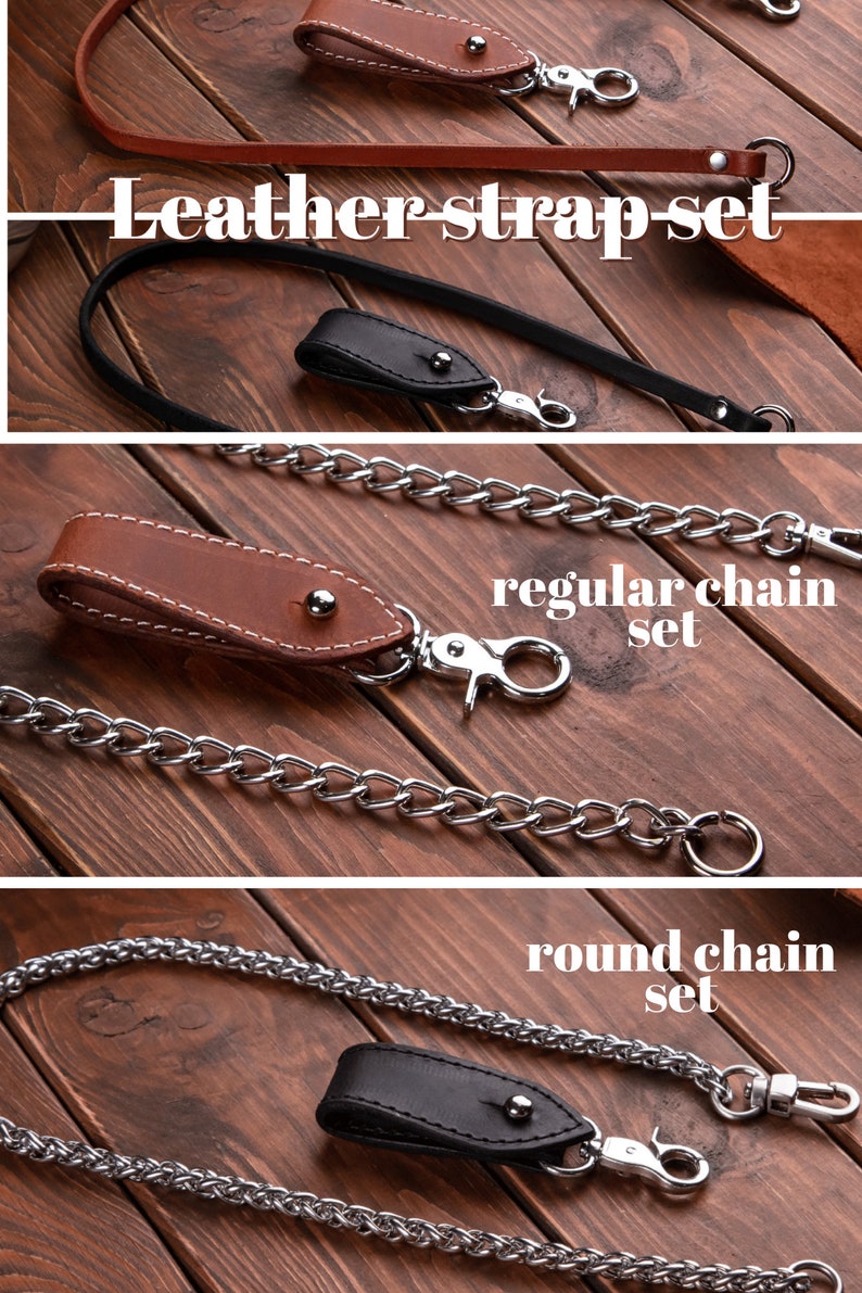 Puede incluir: Un juego de correas de cuero, un juego de cadenas regulares y un juego de cadenas redondas. El juego de correas incluye correas de cuero marr&oacute;n y negro con herrajes plateados. El juego de cadenas regulares presenta una trabilla de cuero marr&oacute;n y una cadena de metal plateado. El juego de cadenas redondas incluye una trabilla de cuero negro y una cadena de metal plateado redonda.