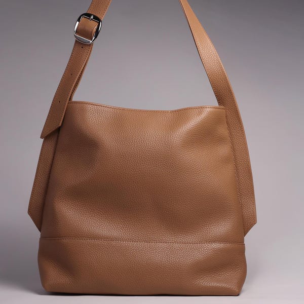 Women's leather bucket bag, leather slouchy bag, cute laptop hobo bag, large genuine shoulder bag, leather tote handbag, leather tote