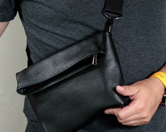 Black leather messenger bag men, crossbody bag, shoulder handbag, small bags for guys, male leather purse, magnetic flap bag, gifts for him