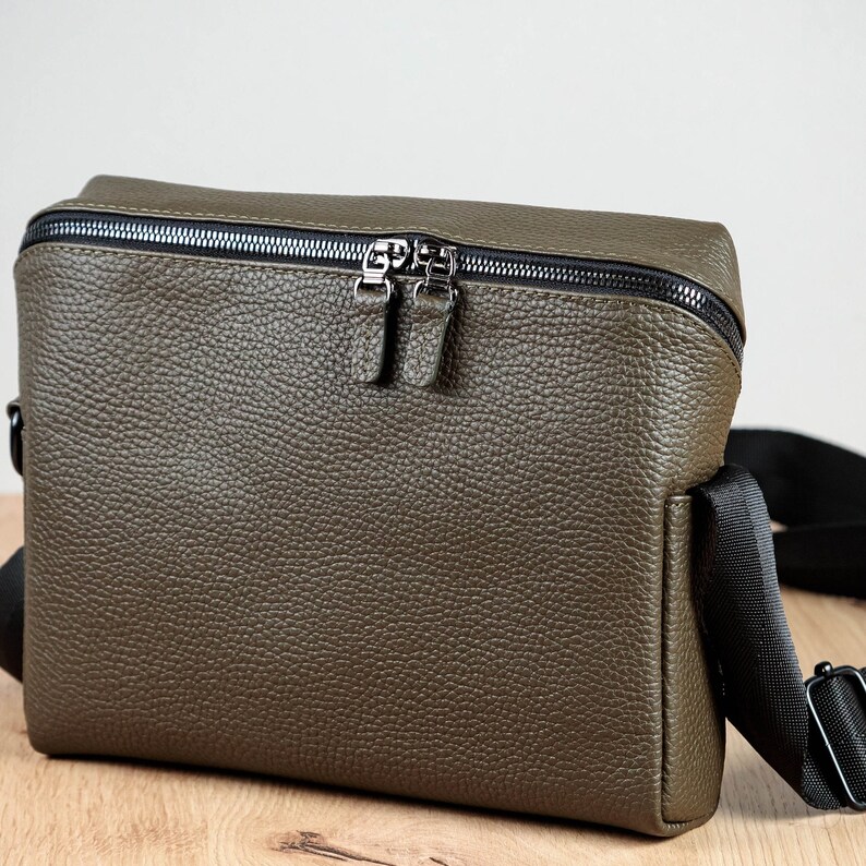Black leather crossbody bag, messenger bag for men, purse shoulder bag, small leather bag men tote, rectangular bag, gifts for him Olive