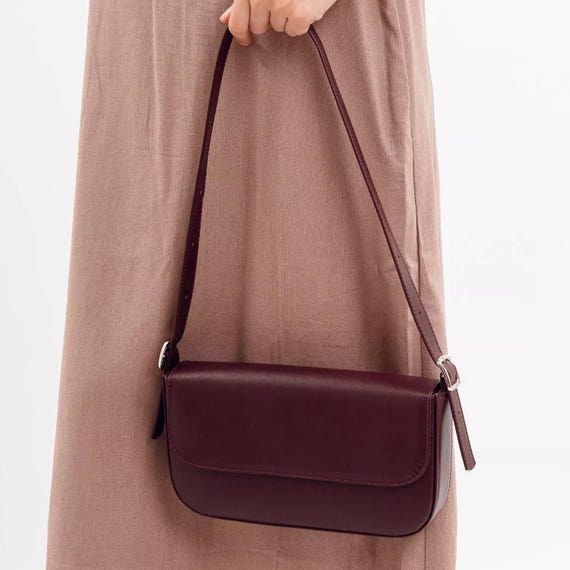 Minimalist Shoulder Handbag, Small Burgundy Leather Bag, Yellow Leather Patent Baguette Purse, Clutch Pouch, Pouchette Bag, Underarm Bag