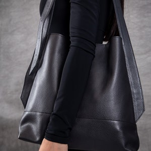 Bucket leather bag, women's bucket purse, handmade shoulder handbag, cute black laptop tote bag Black