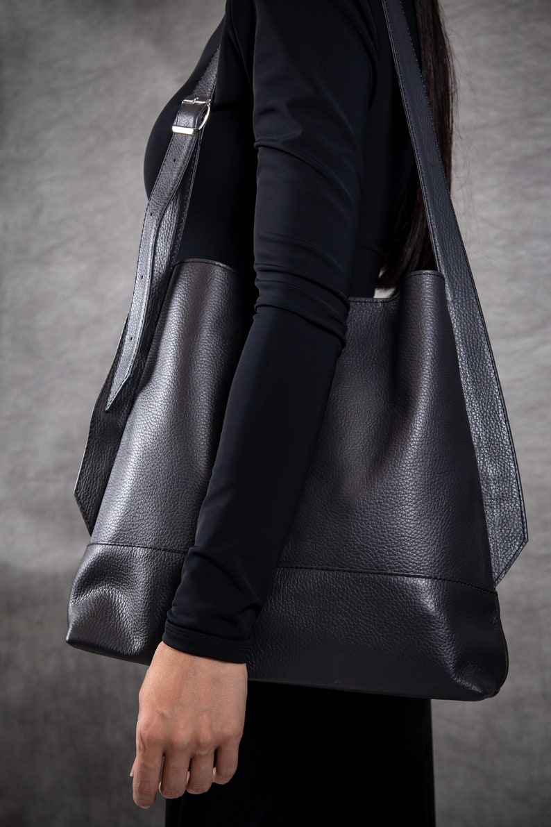 Bucket leather bag, women's bucket purse, handmade shoulder handbag, cute black laptop tote bag Black