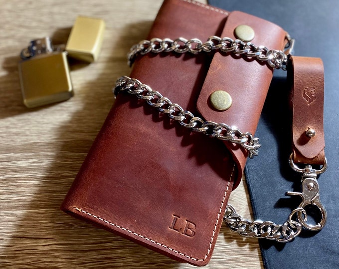 Personalized Leather Biker Wallet with Chain, Mens Engraved Long Trucker Wallet, Custom Western Cowboy Bifold, 3rd Anniversary Gift for Him