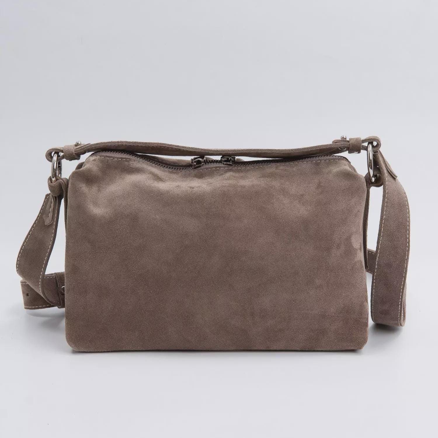 Gray Suede Crossbody Tote Bag, Mini Suede Hobo Bag, Medium Suede