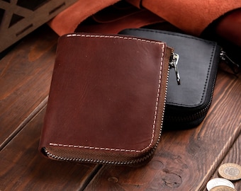 Personalized small leather bifold wallet zip around, Handmade credit card holder with coin pocket, Slim card coin pouch, Groomsmen gift