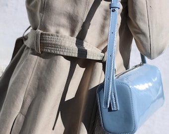 Light Blue Leather Crossbody Cylinder Bag, Pastel Blue Barrel Purse, Sky Blue Shoulder Bag, Small Leather Bowling Bag, Mini Pouchette Bag