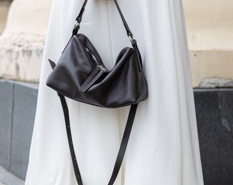 Piccola borsa tote in pelle nera, borsa hobo in pelle, borsa sottobraccio fatta a mano con cerniera, borsa a tracolla da donna, borsa a tracolla, mini borsa a secchiello