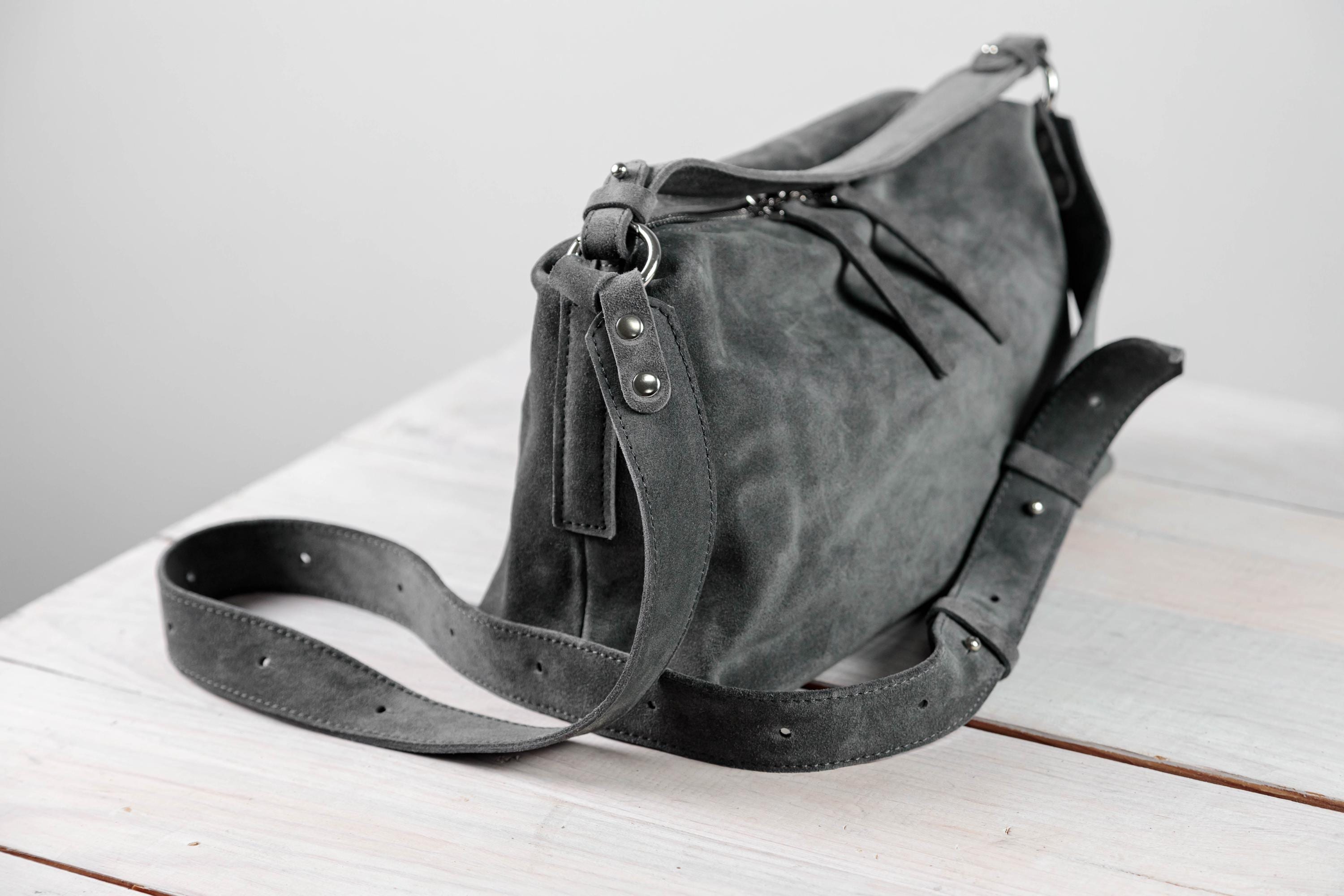 Gray Suede Crossbody Tote Bag, Mini Suede Hobo Bag, Medium Suede