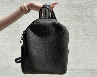 Mini leather pocketbook backpack, purse handbag backpack, black rucksack, handmade back pack purse, women's genuine leather shoulder bag