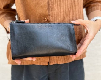 Leather long zippered pouch, travel purse, personalized clutch bag, dopp kit for him, men's phone organizer, groomsman gift