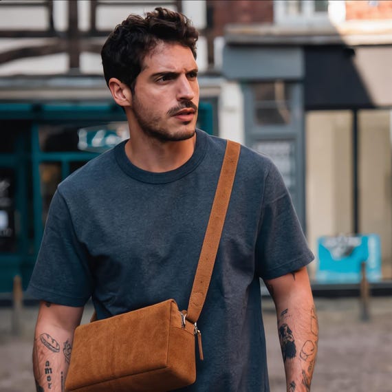 Men's Suede Crossbody Bag, Small Brown Suede Messenger, Unisex