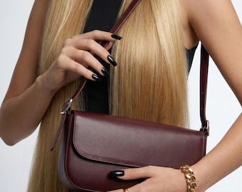 Borsa a tracolla minimalista, piccola borsa in pelle bordeaux, borsa baguette in pelle verniciata gialla, pochette, borsa a pochette, borsa da ascella