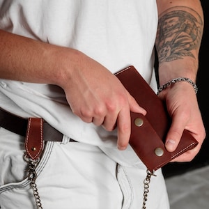 Cartera de motociclista, Cartera de cadena, Cartera larga de cuero para hombre con cadena, Monedero de camionero personalizado genuino, Cartera de vaquero, Cartera de motocicleta