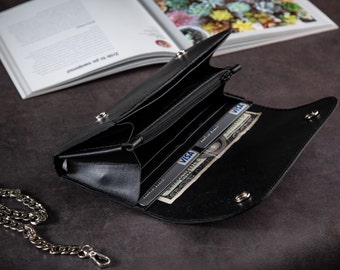 Women's leather long cash envelope, custom cute wallet with coin purse, handmade black card holder with clasp