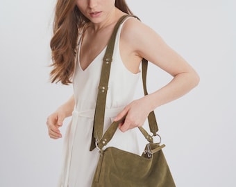 Olive green suede hobo bag, Suede handbag, Slouchy crossbody bag, Suede tote bag, Small suede shoulder purse, Mini suede bucket bag