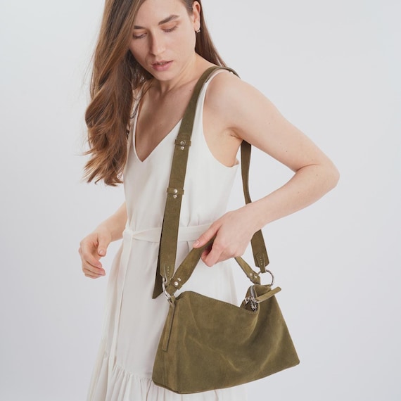 Olive green suede hobo bag, Suede handbag, Slouchy crossbody bag, Suede tote bag, Small suede shoulder purse, Mini suede bucket bag