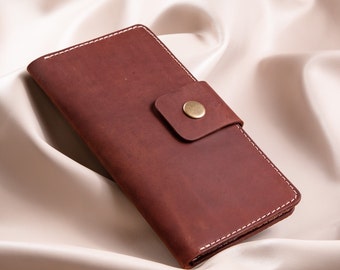 Long leather wallet, cute women's purse with coin pocket, handmade leather personalized wallet with clasp