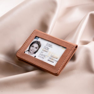 Tarjetero de cuero personalizado con foto, billetera delgada con ventana para identificación, tarjetero pequeño, billetera de bolsillo frontal, tarjetero de presentación