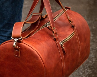 Personalized genuine leather duffle bag, weekender gym sport shoulder bag with adjustable strap and outer pocket