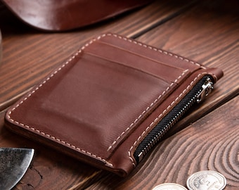 Custom leather small coin pouch, personalized mini wallet, slim change purse, men's coin tray, minimalist zip wallet