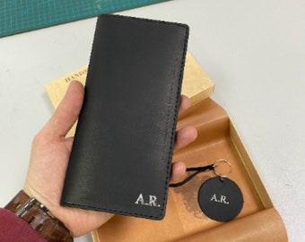 Personalized leather checkbook cover, long bifold wallet, slim credit card holder for men, groomsmen gift