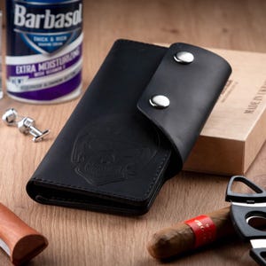 Cartera de cuero con cadena para hombre con calavera grabada, cartera larga de motociclista, cartera de camionero, cartera gótica, cartera de vaquero, cartera de motocicleta