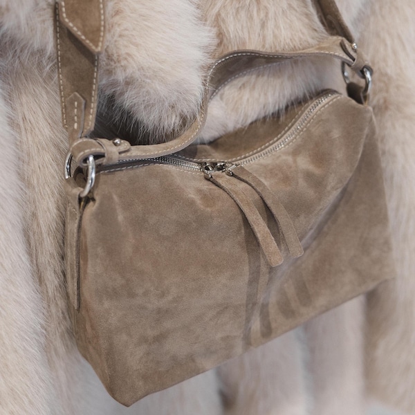 Minimalist Suede Shoulder Bag in Taupe, Slouchy Suede Crossbody Purse for Women, Beige Small Hobo Handbag, Quiet Luxury Everyday Tote
