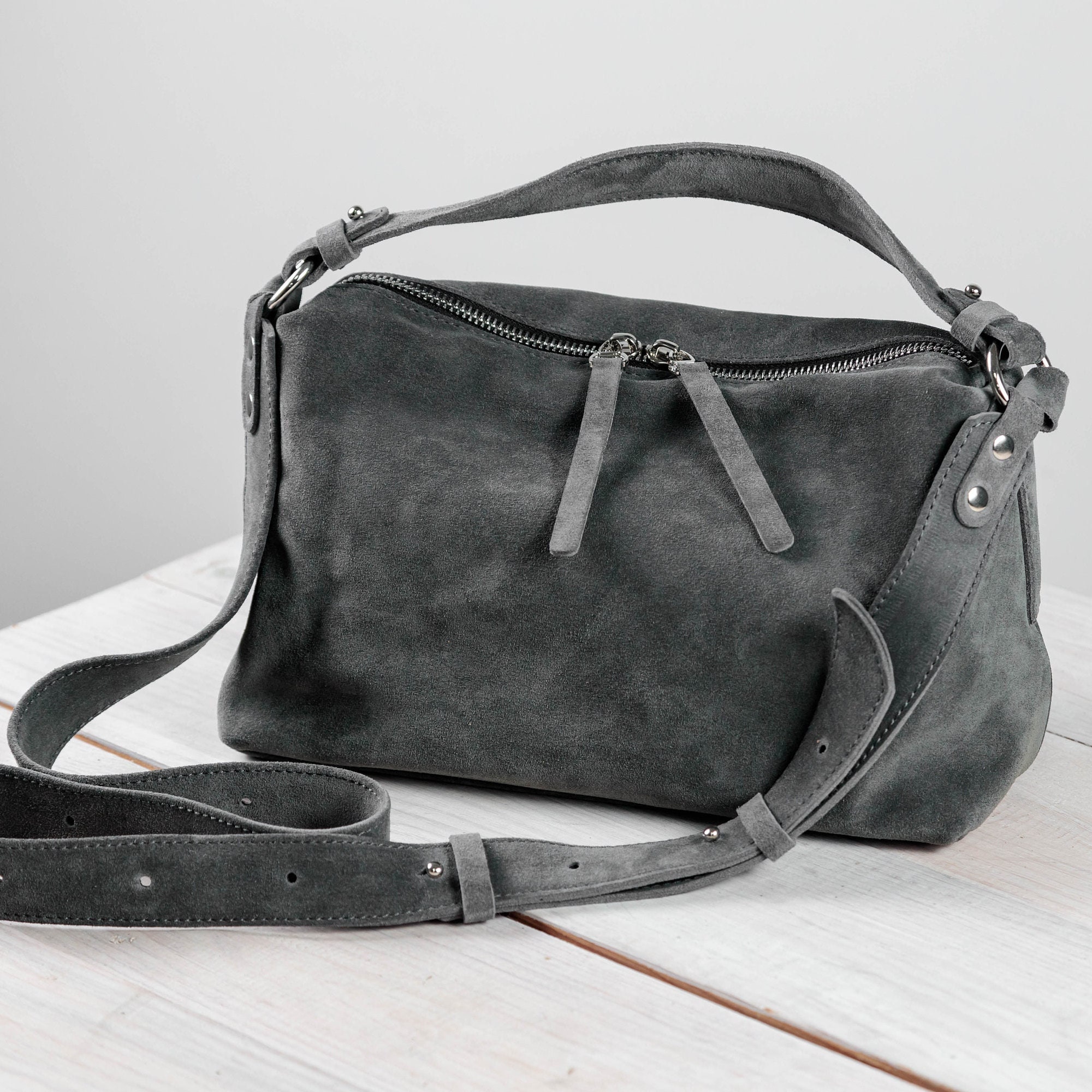 Gray Suede Crossbody Tote Bag, Mini Suede Hobo Bag, Medium Suede