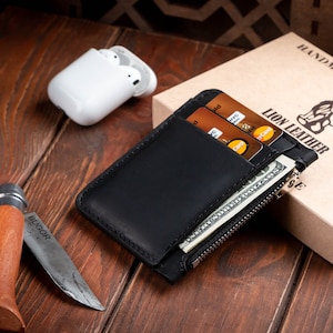 Leather small zip wallet, coin purse wallet with card holder, coin pouch personalized, cash wallet, leather coin holder, gifts for him