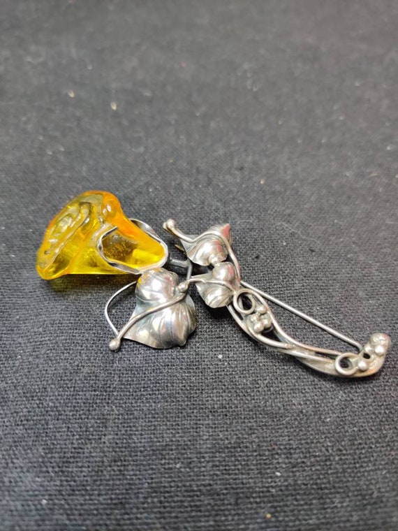 Silver Amber Rose Brooch
