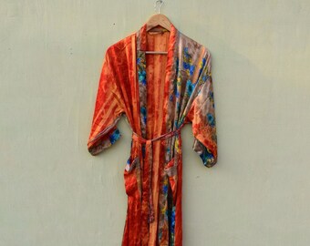Recycle Silk Sari Women Kimono | Boho Chic Beach Cover Up Vintage Lounge Dressing Robe l Resort Wear Regal Gypsy House Robe | Black Floral