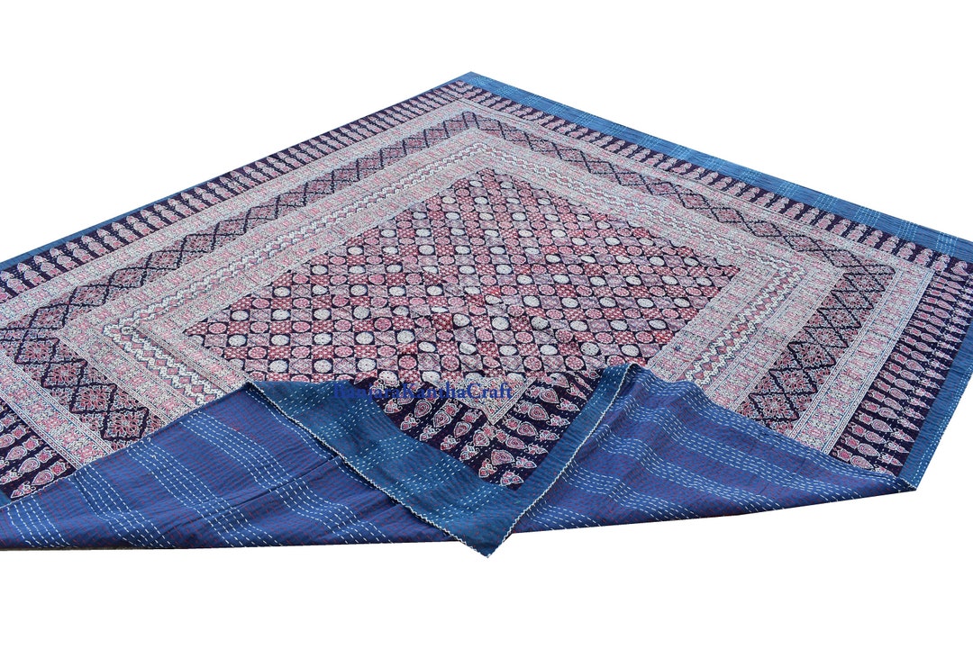 Blockprint Cotton Bedspread Kantha Quilt Embroidery Bedsheets Etsy
