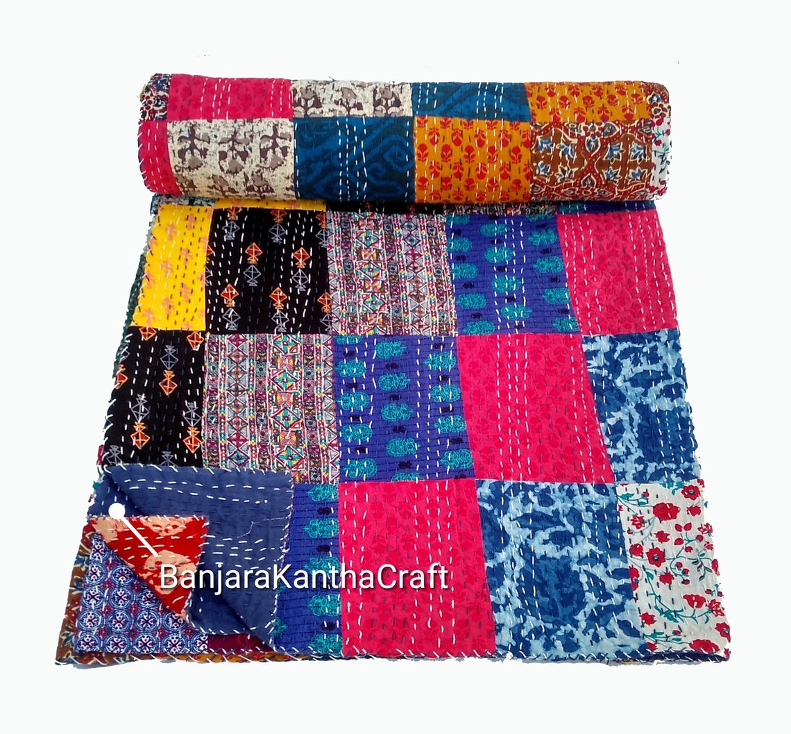 Patchwork Multi Cotton Kantha Quilt Kantha Throw Bedspread Etsy