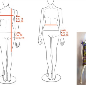 May include: Line drawing of a female body with measurements for bust, waist, and length in inches and centimeters. The drawing is on a white background. A photo of a woman wearing a green and purple floral print dress is on the right side of the image.