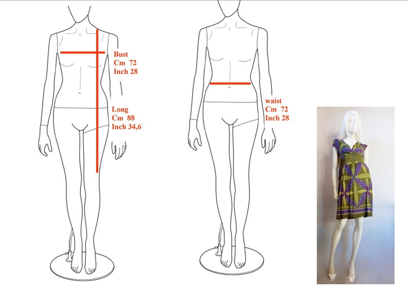May include: Line drawing of a female body with measurements for bust, waist, and length in inches and centimeters. The drawing is on a white background. A photo of a woman wearing a green and purple floral print dress is on the right side of the image.