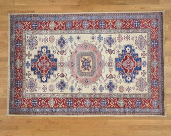 5'5'x8'1'' Hand Knotted Ivory Super Kazak Pure Wool Oriental Rug