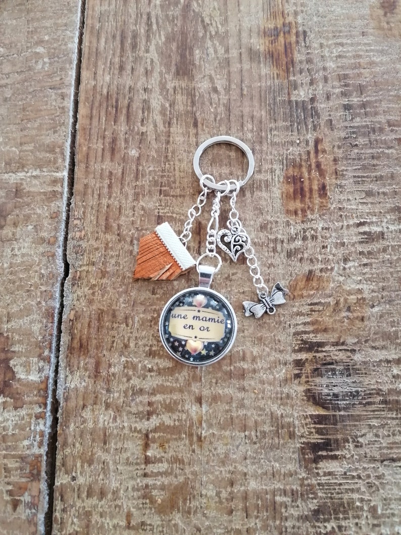 Cabochon key ring Silver plated metala golden granny