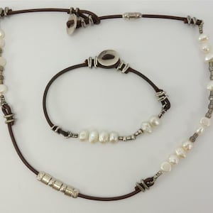 Silpada Set 925 Sterling Silber Perle Lederkette und Armband ausgeschieden 925