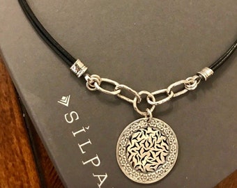 Silpada Black Leather Sunburst Filigree Sterling Silver Pendant Necklace 925