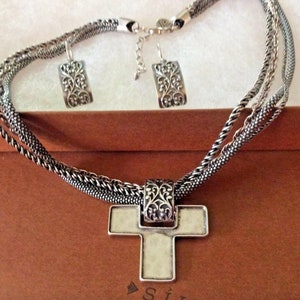 Silpada Sterling Silver 4 Strand Necklace Filigree Scroll Earrings and Cross Pendant