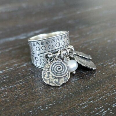 Silpada 925 Sterling Silver Pearl Stamped Coin Cha Cha Ring R1902