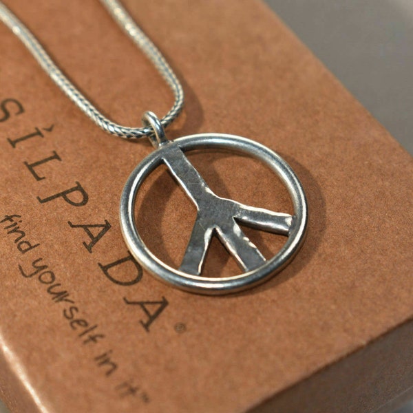 Silpada 925 Sterling Silver Peace Sign Wheat Chain Link Pendant Necklace