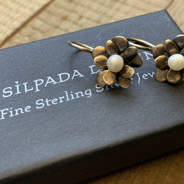 Silpada 925 Sterling Silver Love Bloom Flower Pearl Locking Wire Earrings W1768