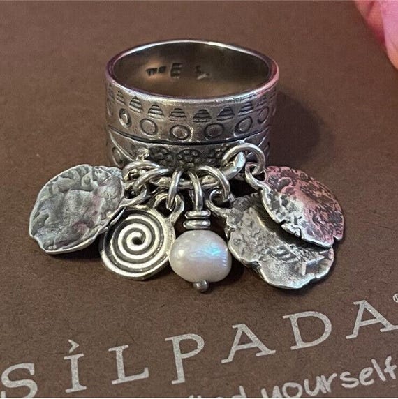 Silpada 925 Sterling Silver Pearl Stamped Coin Cha Cha Ring Size