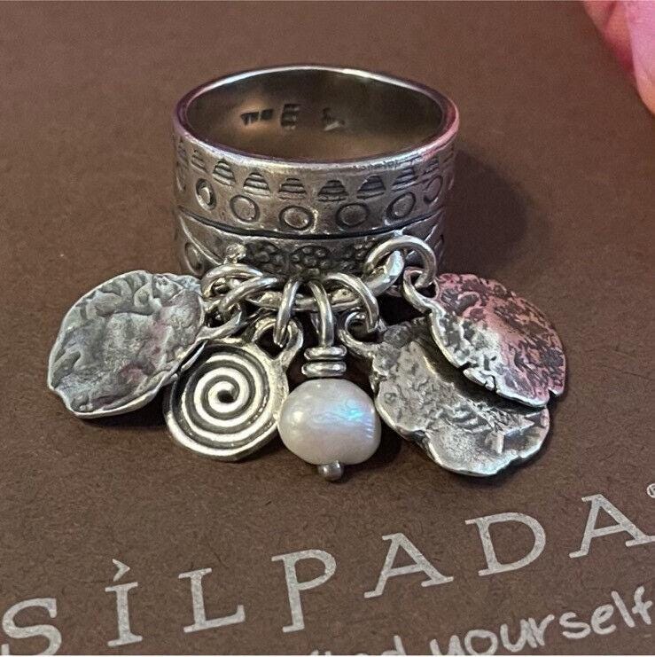 Silpada 925 Sterling Silver Pearl Stamped Coin Cha Cha Ring Size
